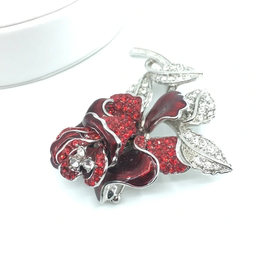 Vintage Nolan Miller Rhinestone Enamel Red Rose Brooch Pin Silver Tone Romantic